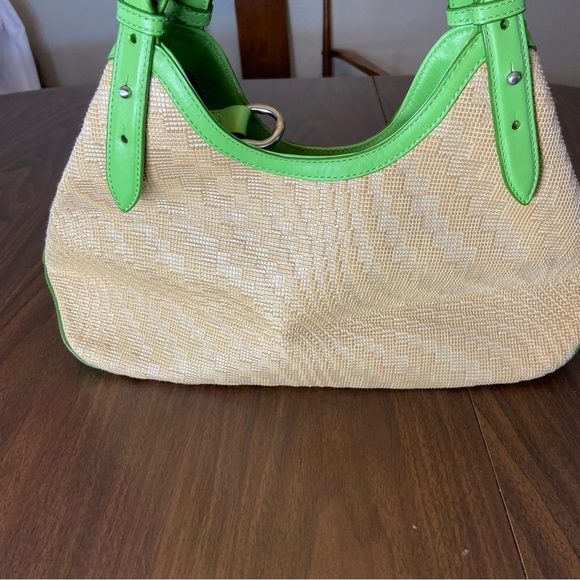 Cole Haan Triangle Tote Neutral/Kiwi Leather Genevieve Straw Hobo Bag - Picture 12 of 12